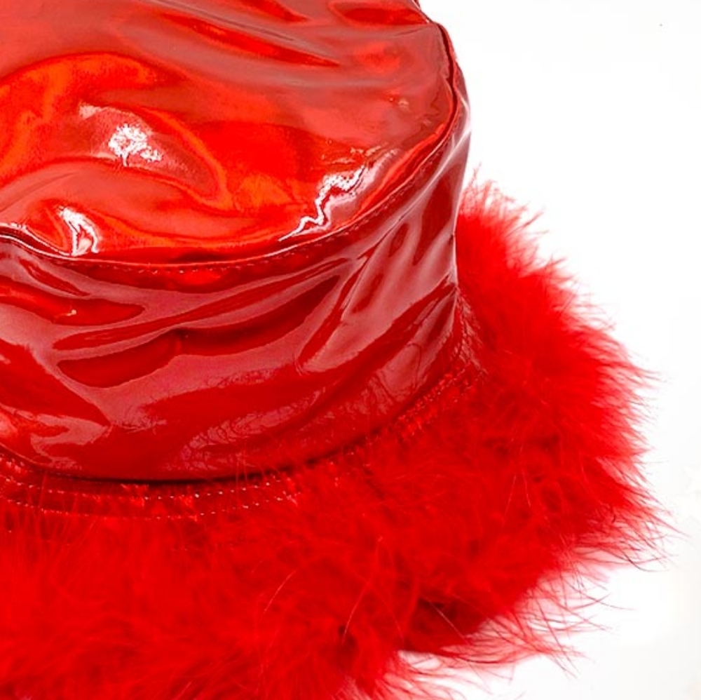 Red Fur Bucket Hat Hologram Style Trendy Fuzzy Trim Fun Cute Fashion Statement - Picture 2 of 2
